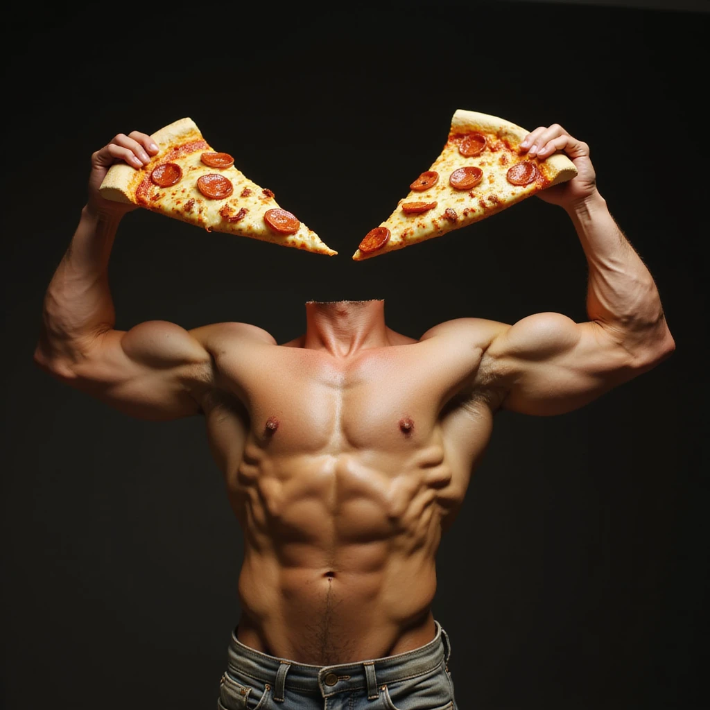 slice of pizza with exaggerated biceps, photorealistic, dramatic lighting emoji