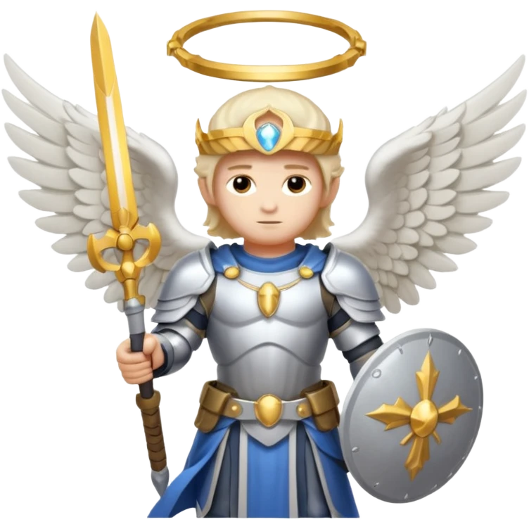 Michael the archangel is usually shown in emoji form as a brave, armored figure with a bright halo, wings, and a weapon.  emoji