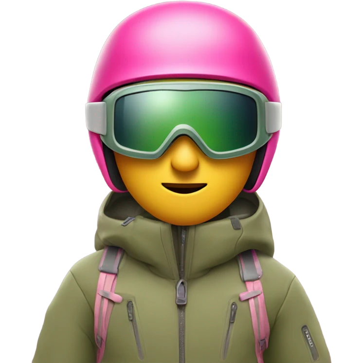 Man with khaki green ski jacket and khaki helmet with ski goggles with a pink strap, no skipants only a boxershort, on his skis  emoji