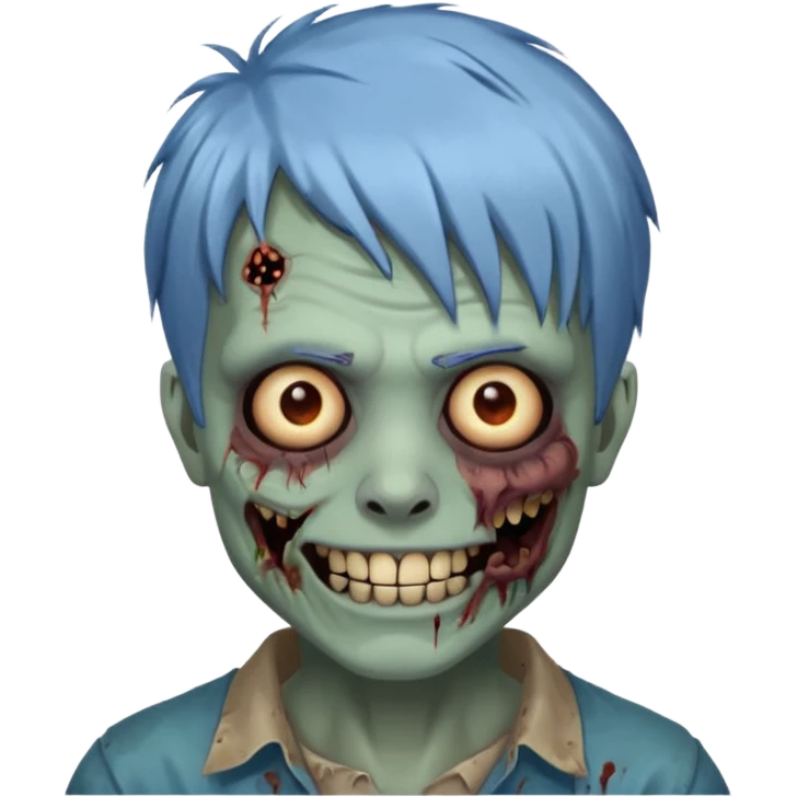 я мужчина, цвет волос пепельно синий, стрижка как у футболиста Yamal сделай меня в стиле зомби и ещё сделай с Улыбкой крутой и поменяй стрижку больше объемной зделай, и чёлку не на бок а прямо и зделай больше урагана на волосах emoji