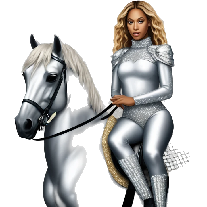 beyonce wearing silver crystal leotard sitting on silver sparkly horse renaissance album cover emoji