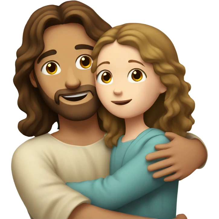 Jesus hugging white girl with wavy brown hair emoji