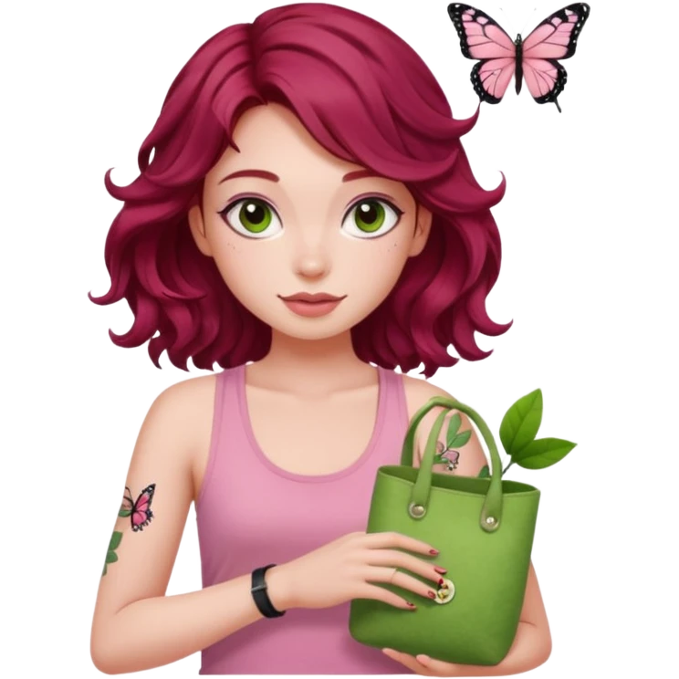 a pretty fair bratz girl with wavy dark red hair, wearing a pink tank top , carrying a matcha and a pink bag. eyeliner on. butterfly tattoo on arm emoji
