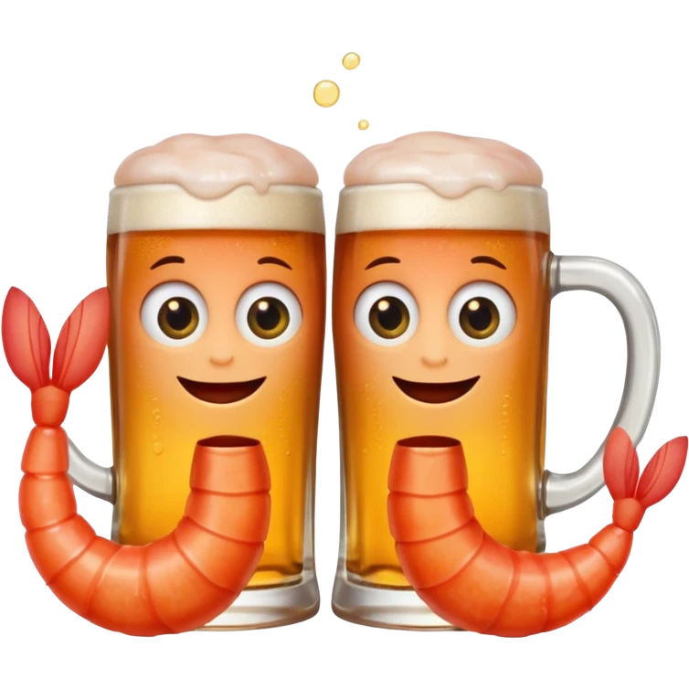 Design a trendy emoji-style illustration of two shrimp peeking from behind text, only half of their bodies visible, curious and playful expressions.
One shrimp holding a beer mug, the other pointing forward.
 emoji