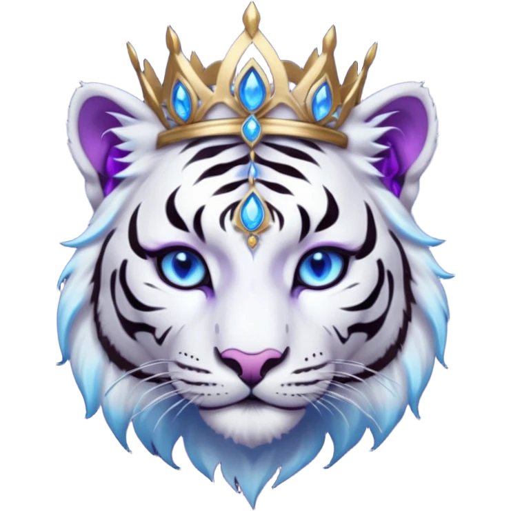 ESO Female white/black tiger khajiit leader of the umbral rose, glowing blue eyes, glowing blue 'third eye' gem; purple gem silver tiara emoji
