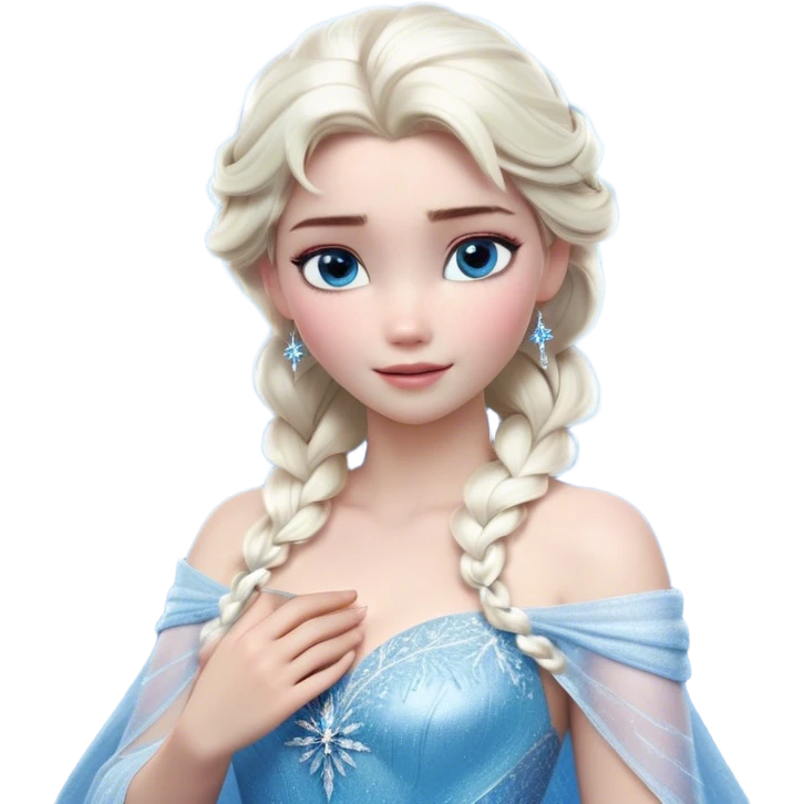 Cinematic Realistic Elsa Portrait, depicted with lifelike skin texture, soft natural lighting, and intricately detailed platinum blonde hair styled elegantly. Her striking, expressive blue eyes exude confidence and grace, complemented by a serene and regal expression. She holds a shimmering snowflake delicately in one hand, her other hand resting against her gown, embodying the power and beauty of winter. She is dressed in her signature icy attire, with shimmering fabric textures and delicate folds that catch the light beautifully. The portrait features a soft, enchanting glow with a cool, radiant finish, capturing the essence of timeless elegance in a realistic and painterly style. emoji