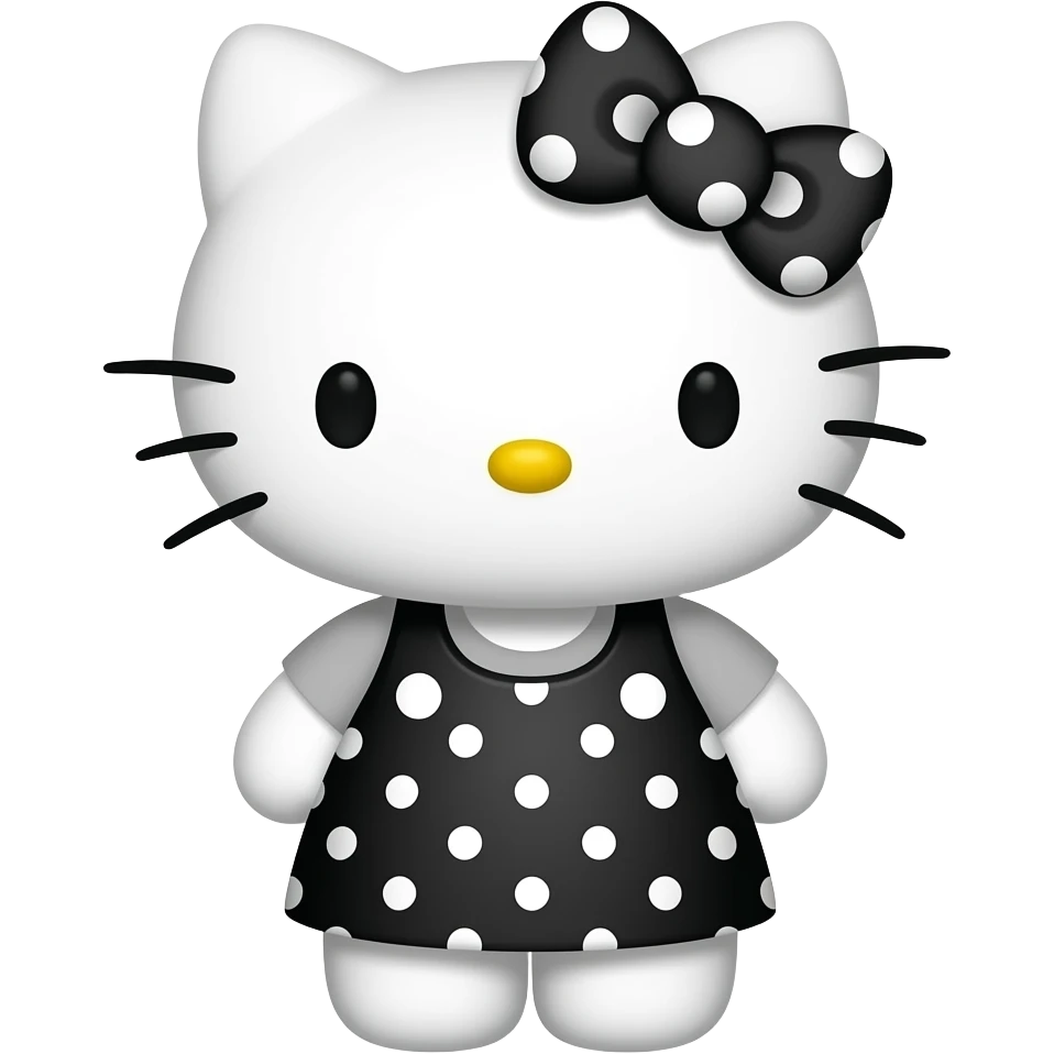 hello kitty wearing black with white polka dots skirt and a gray shirt with a black with white polka dots bow emoji