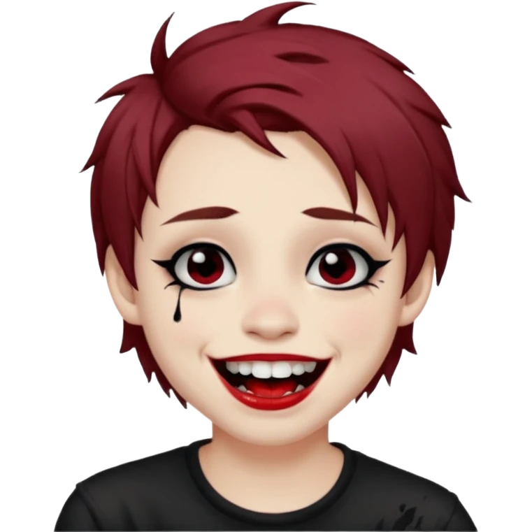 Laughing pale Goth boy with piercings, with shaggy brown hair, and messy black eyeliner , smudged, red, lipstick  emoji