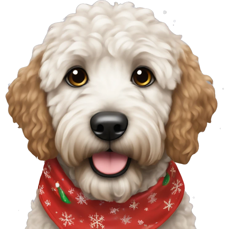 Black golden doodle wearing a Christmas bandana emoji