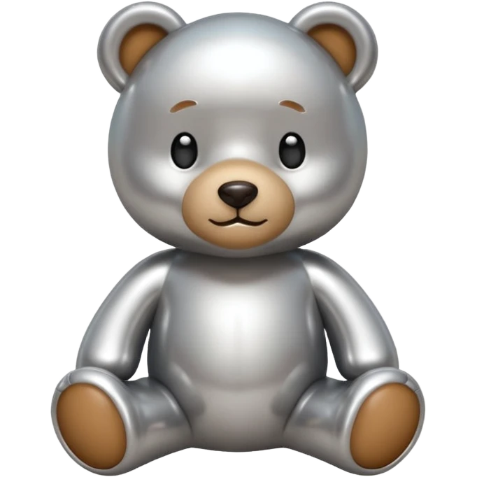 A cute teddy bear emoji made of liquid silver chrome, smooth rounded body, glossy metallic surface, soft reflections, friendly proportions, iOS emoji style, centered, clean white background emoji