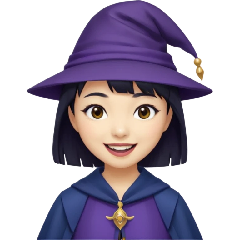 An Asian short-haired girl with short raven hair and bangs, with heterochromia eyed, eyeliner, and laughs with teeth and her tiny fang of mauve-toned lipstick, wears a dark navy wizard hat with an emblem on it. emoji