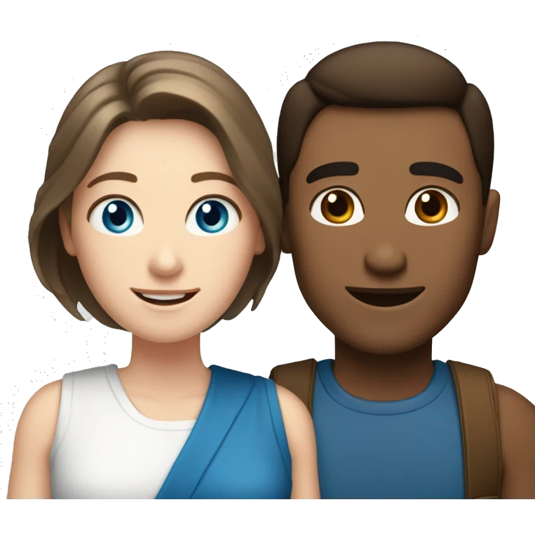 Smiling couple, one man with pale skin, brown hair and blue eyes, and one tan woman with dark hair and dark eyes emoji