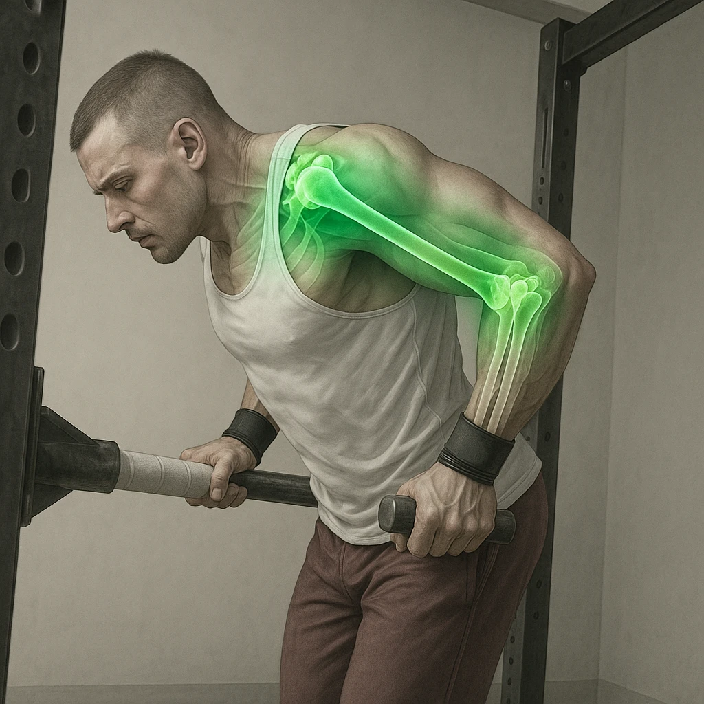 A man performing a dip exercise with the shoulder-arm-elbow joint block colored in gradient green with a green glow effect to emphasize joint health. Hyper-realistic style with anatomical details, clinical atmosphere, and neutral background. emoji