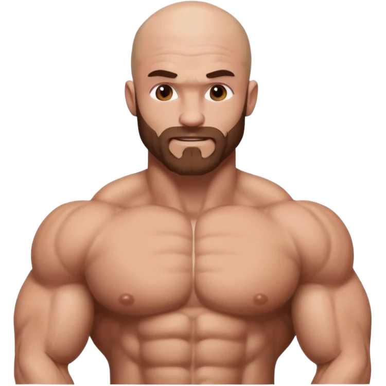 White skin, Shirtless, brown hairy chest, Bodybuilder, big biceps and shoulders. Bald head emoji