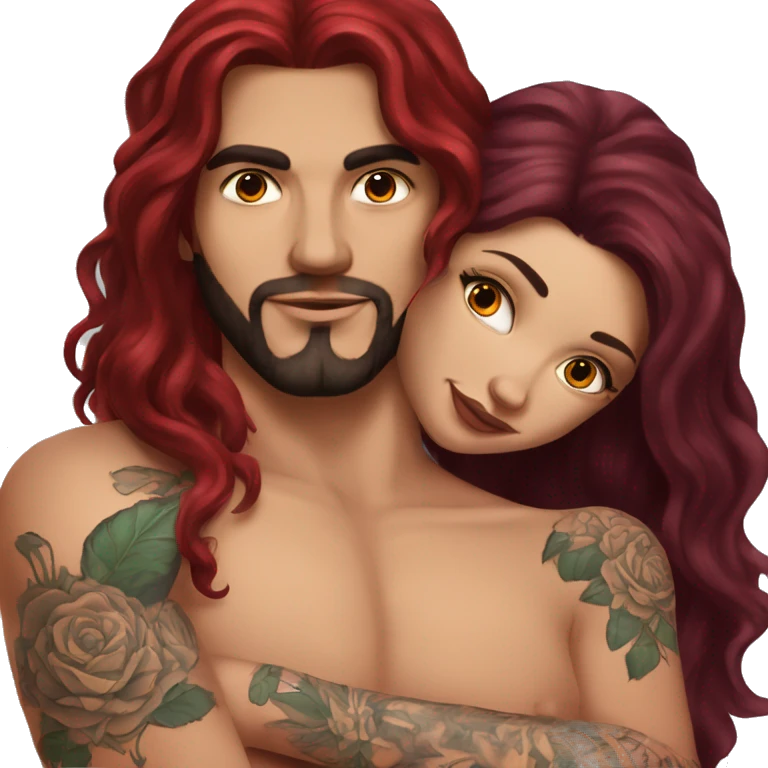 Beautiful tattooed burgundy long haired woman laying on the boyfriends chest emoji