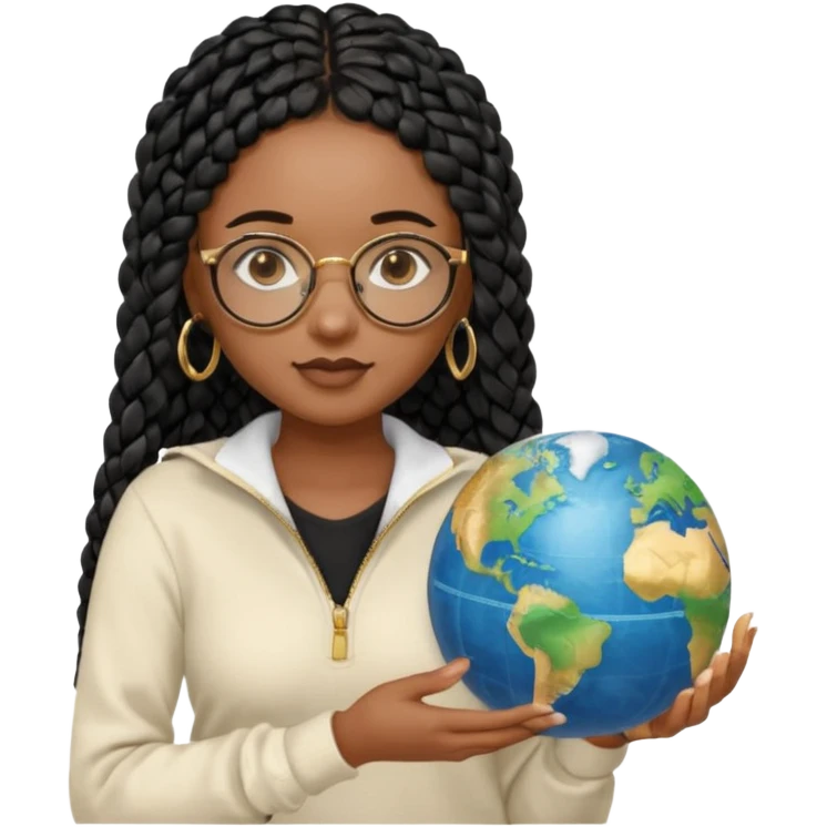 a young woman wearing fine gold round glasses and black hair in several box braids, no earrings, she has light black skin, and she's wearing a white shirt with a black quarterzip sweater. She's holding a globe in one hand emoji