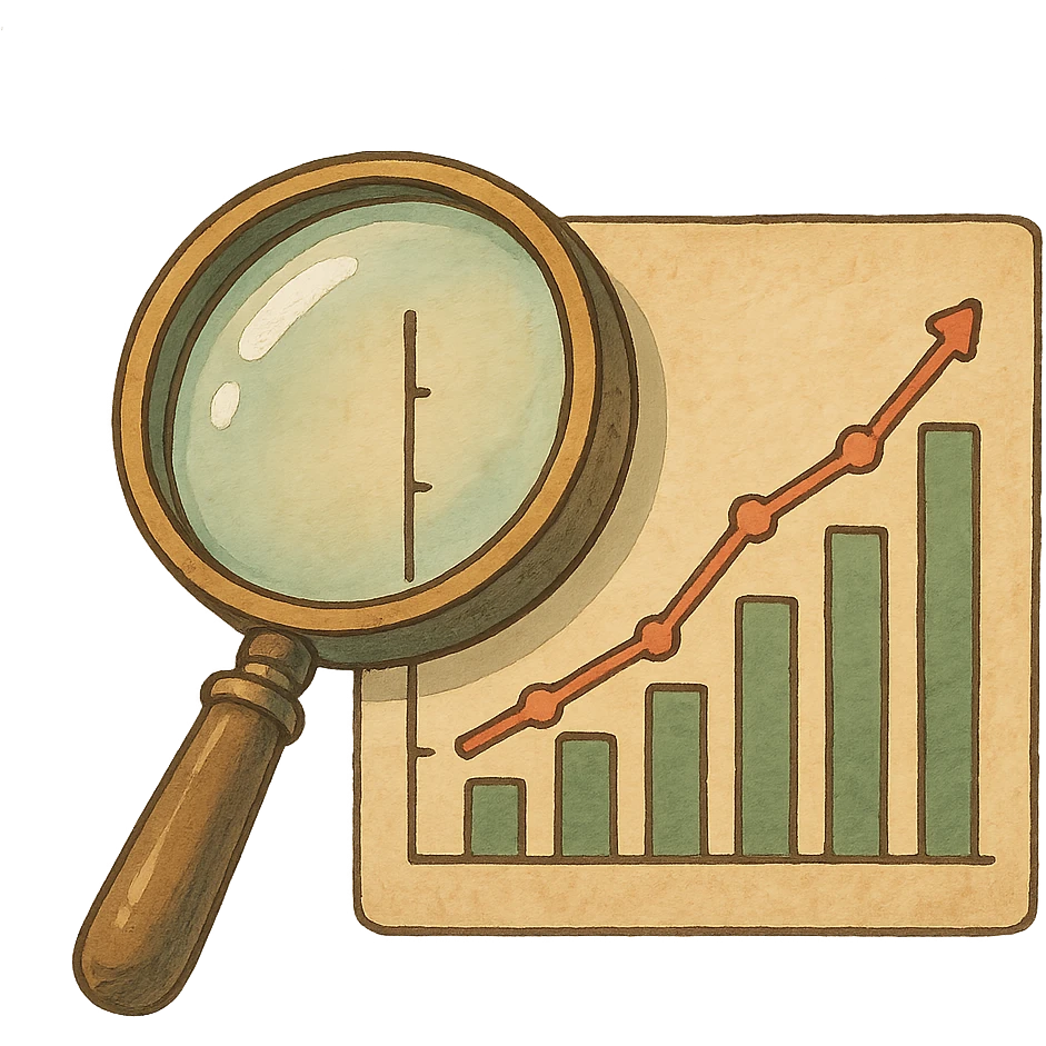 ghibli style magnifying glass and graph emoji