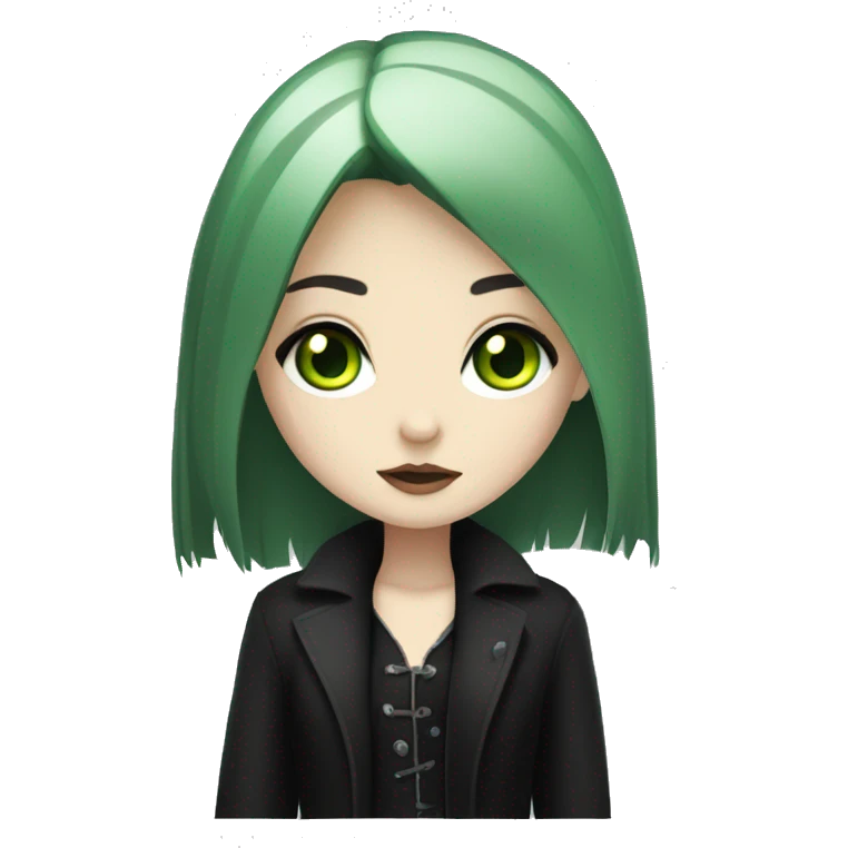 pale girl with green eyes and shaggy black hair and gothic clothes  emoji