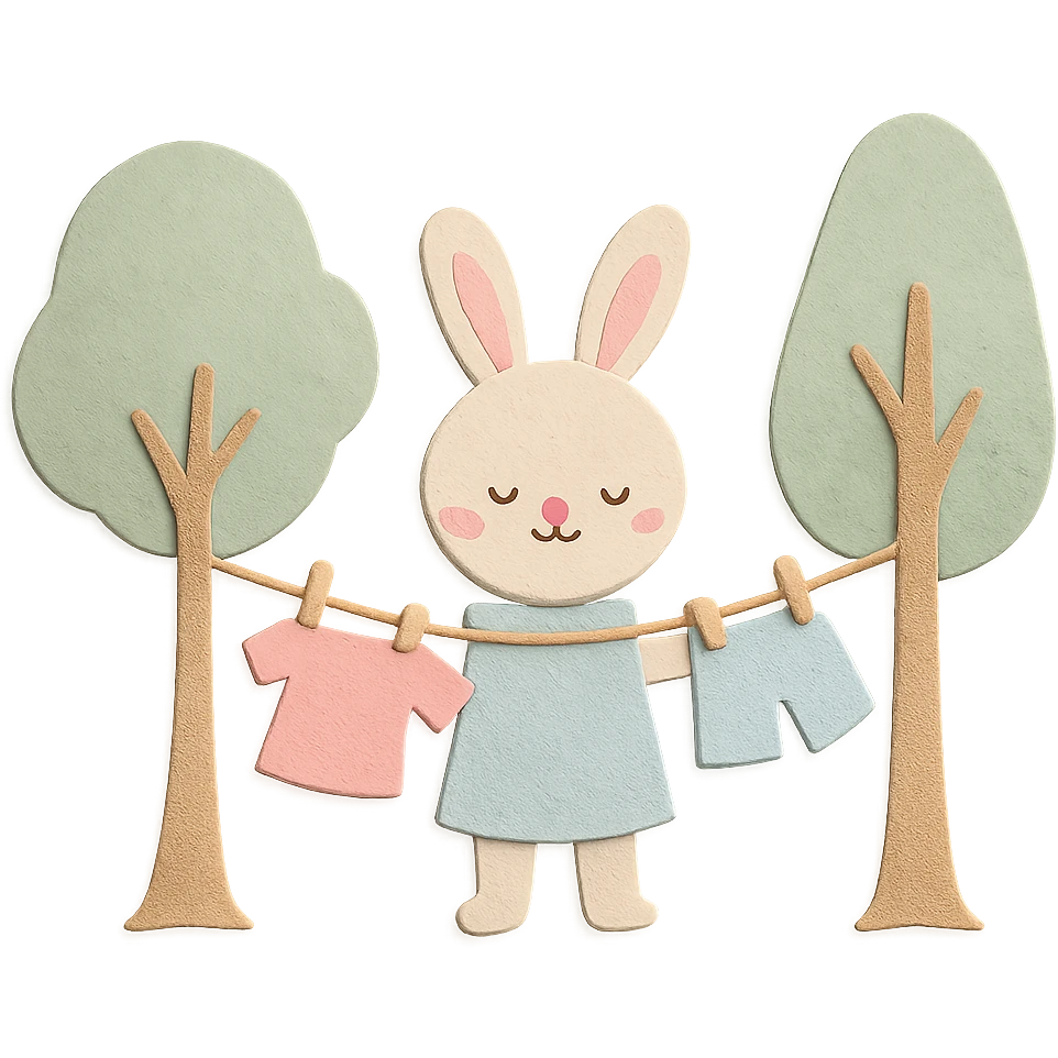 bunny hanging laundry between trees, calming domestic forest feel, soft pastel colors emoji