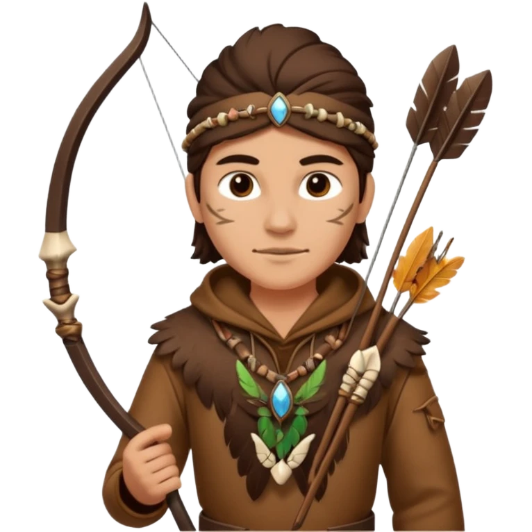 The classic hunter figure carrying a bow and arrow, dressed in brown with decorations made of feathers or bone teeth emoji