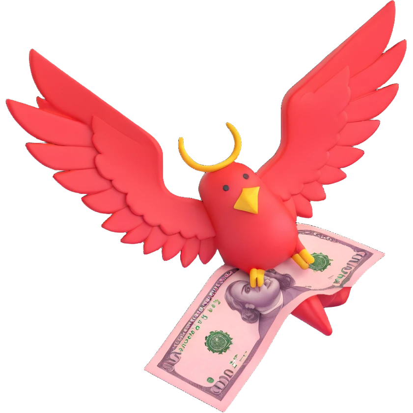 A 5000 ruble banknote with red color and wings emoji