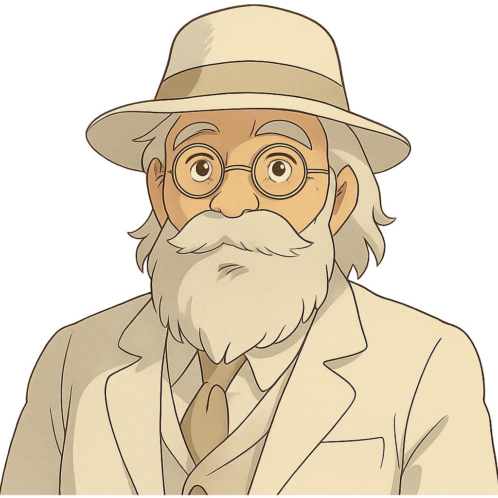 old man with a white hat, slightly long white beard, white moustache, round glasses, white suit, white longish hair, ghibli style emoji