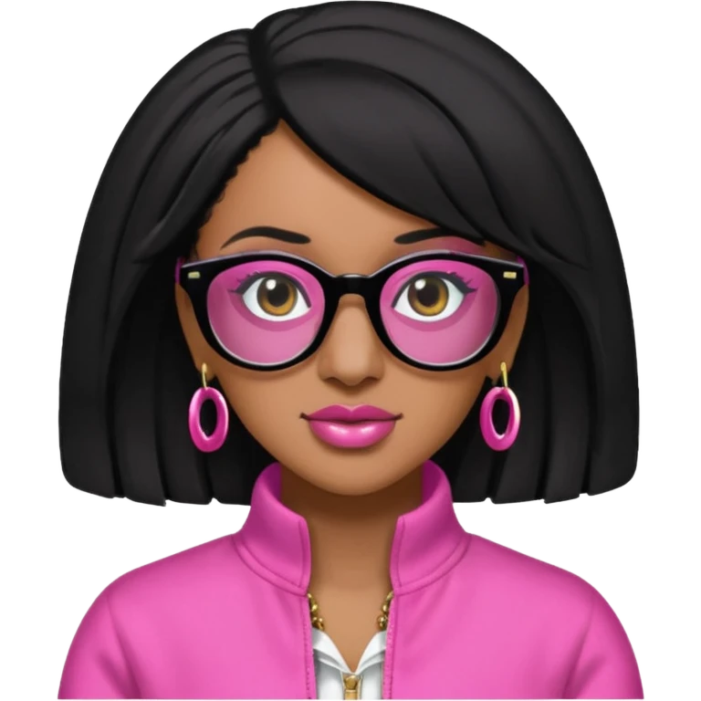 rapper Cardi B black hair, pink cloth wear black glasses emoji