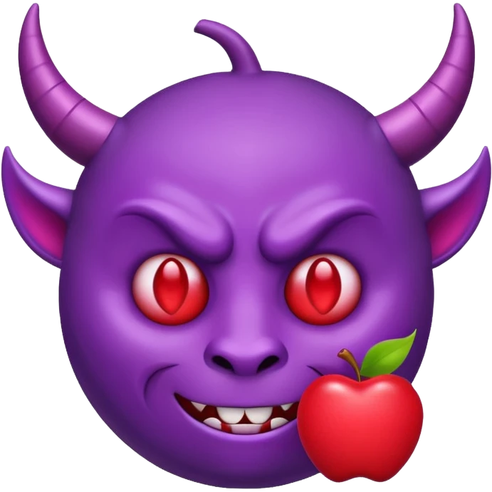 Purple demon emoji with red hearts for eyes, apple emoji, circular head with horns emoji