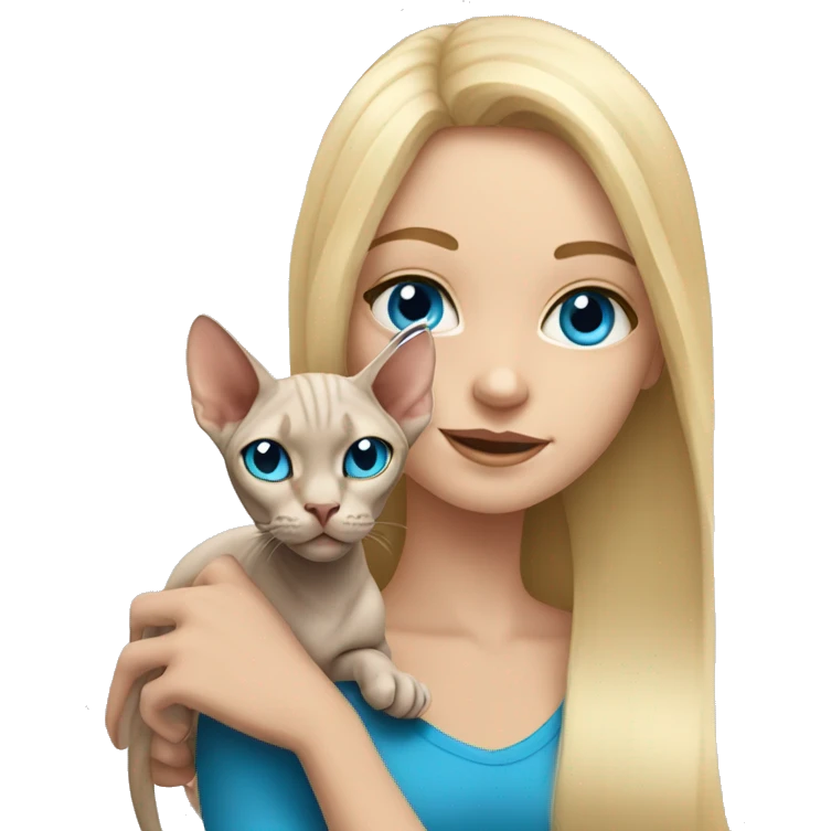 Blonde girl with long hair and blue eyes holding sphynx cat emoji