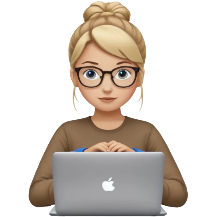 girl, dirty blonde hair, a bun, blue eyes, glasses, brown longsleeve, a laptop. upper body. emoji