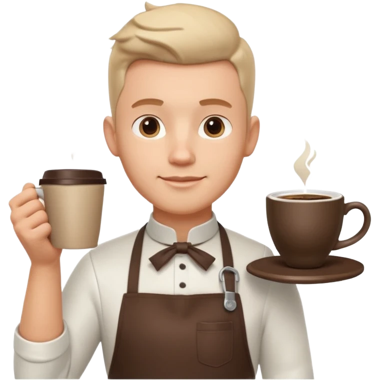 male barista portrait, head and shoulders only, wearing apron collar, holding a coffee cup, confident friendly expression, cafe worker vibe, 3D cartoon, mobile game icon style, clean background, no text, no watermark
 emoji