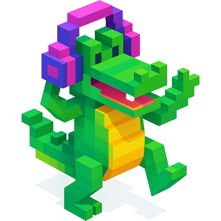crocodile with headphones dancing, isometric view, voxel style emoji