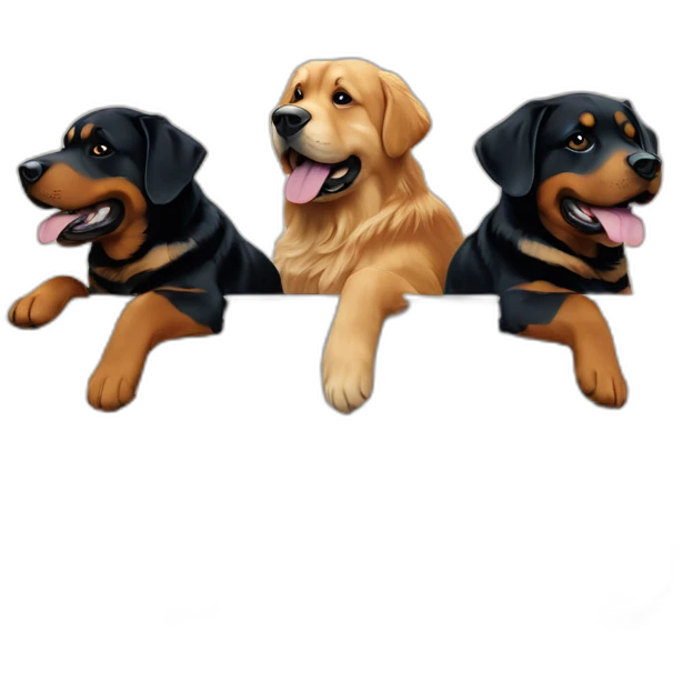 A rottweiller and A Golden retriever hugging a rottweiller on a moving truck emoji