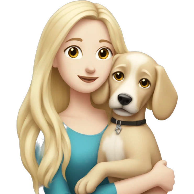 pretty woman with pale skin, very long blonde hair hugging a dog emoji