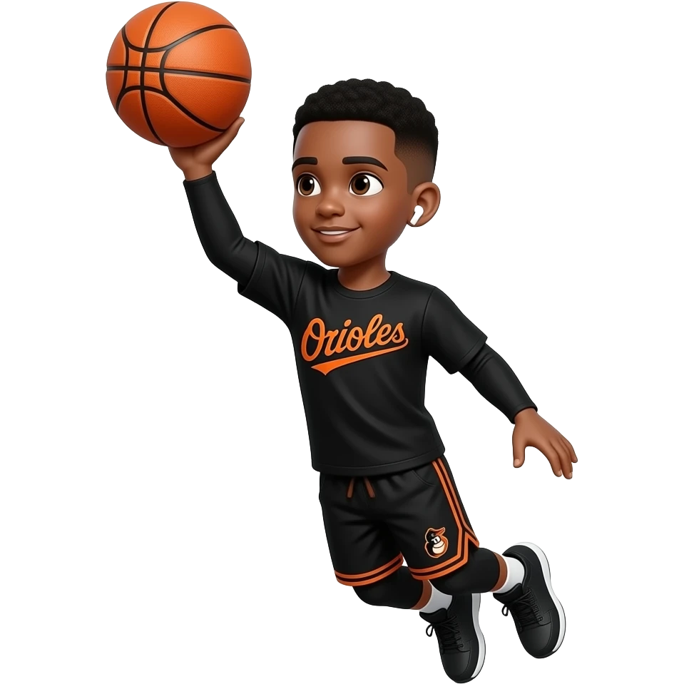 make a cute 22 year old boy who’s skin color is black with a black low taper fade in black long sleeve with orioles in orange with the same for the shorts but on the side, the long sleeve should say orioles in the middle with white airpods in his ears and he is doing a fade away jumper with the 🏀 emoji
