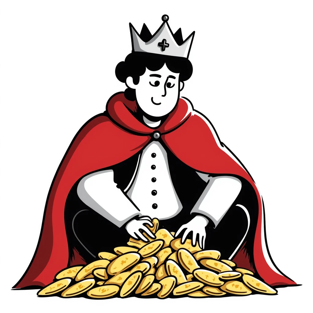 Fantasy merchant king with red cape and crown, counting gold coins, DnD style character emoji
