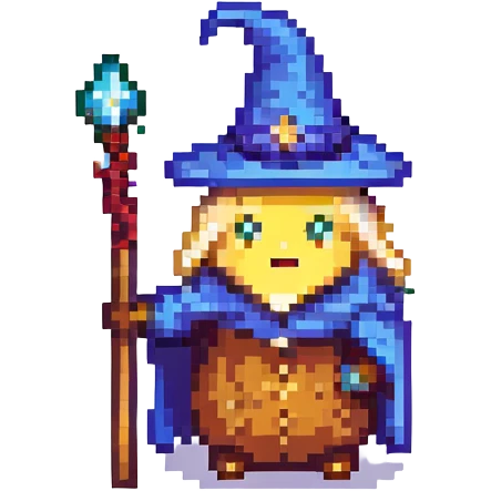 pixel art butter slice with a wizard robe and hat holding a staff emoji