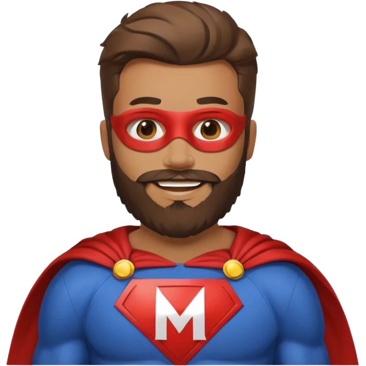 бородатый мужчина в костюме супер героя с буквой М на груди веселится  emoji