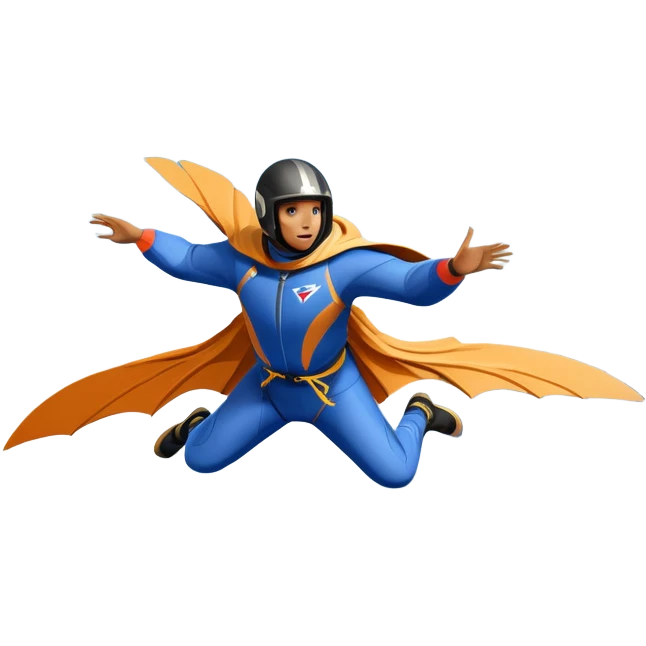 A daring wingsuit athlete soaring between towering mountains, with their wingsuit fully stretched, cutting through the air at high speed. The background features dramatic cliffs and a vast sky, emphasizing the thrill and freedom of base jumping. emoji