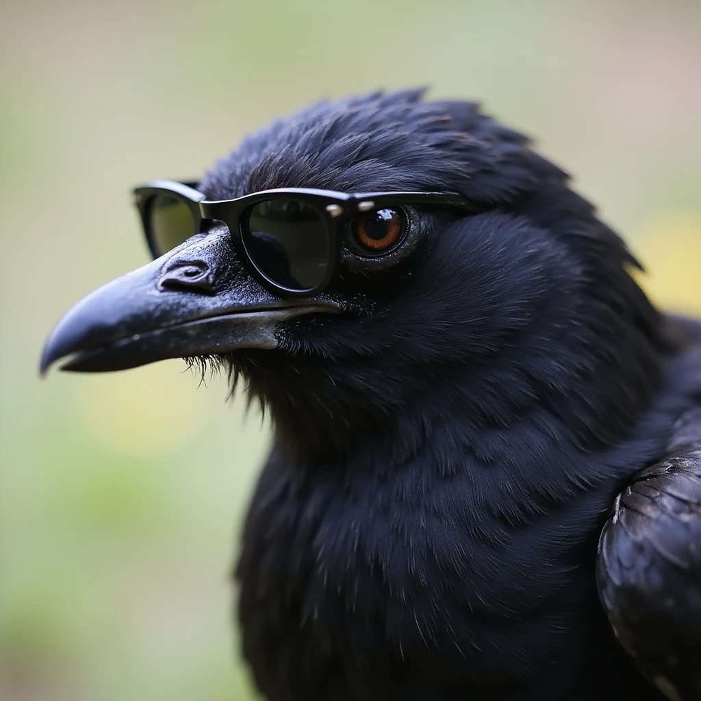 head of a black bird with sunglasses, realistic style, sharp details, natural look emoji