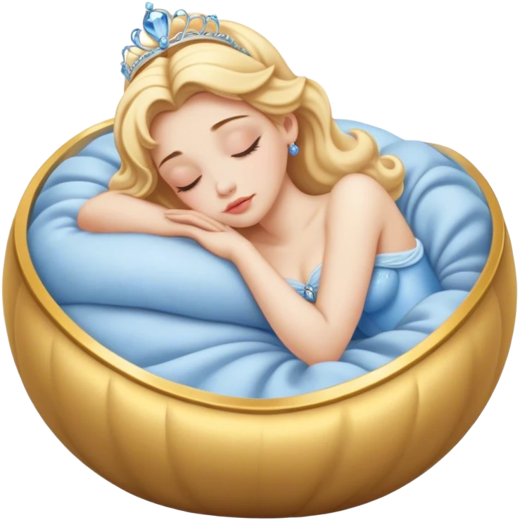 Cinematic Realistic Sleeping Cinderella Portrait, portrayed with exceptional realism: her luminous porcelain skin and exquisitely detailed golden-blonde hair lie softly under the gentle caress of natural light. Her eyes are peacefully closed in a serene, dreamlike slumber, and every fold and shimmer of her iconic ball gown is rendered with painstaking detail. The overall composition radiates a quiet, enchanting glow that encapsulates the timeless, restful beauty of a princess lost in a gentle, magical dream. emoji