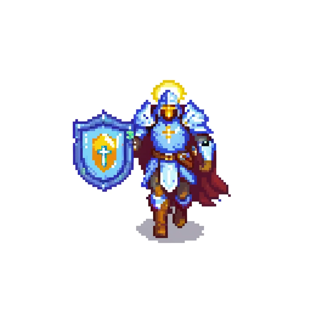 running paladin with glowing holy aura and shield emoji
