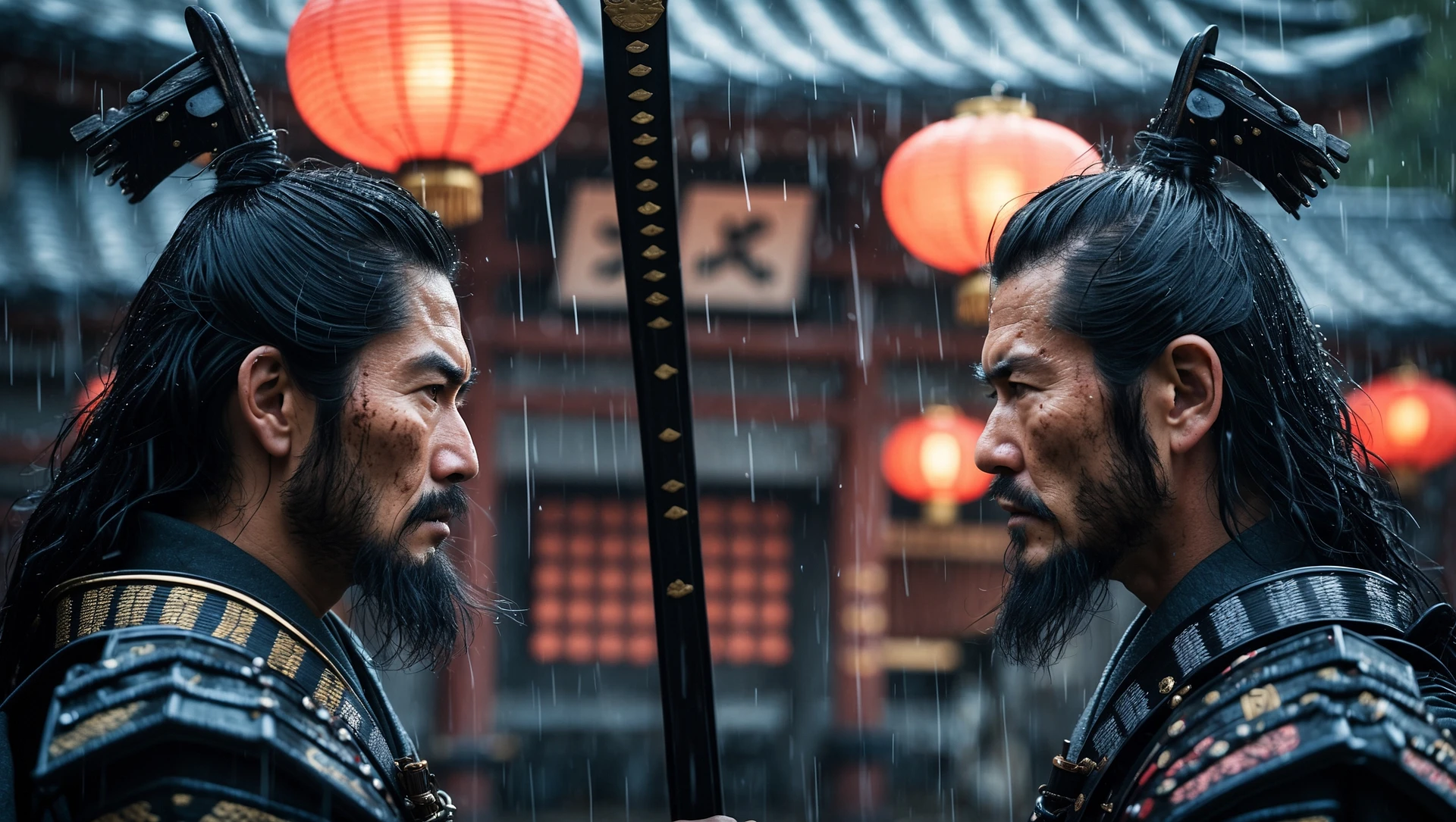 A cinematic scane of a two japan samurai face to face ready to fight during rain, deph composition, tense atmosphere, shot by arri alexa emoji
