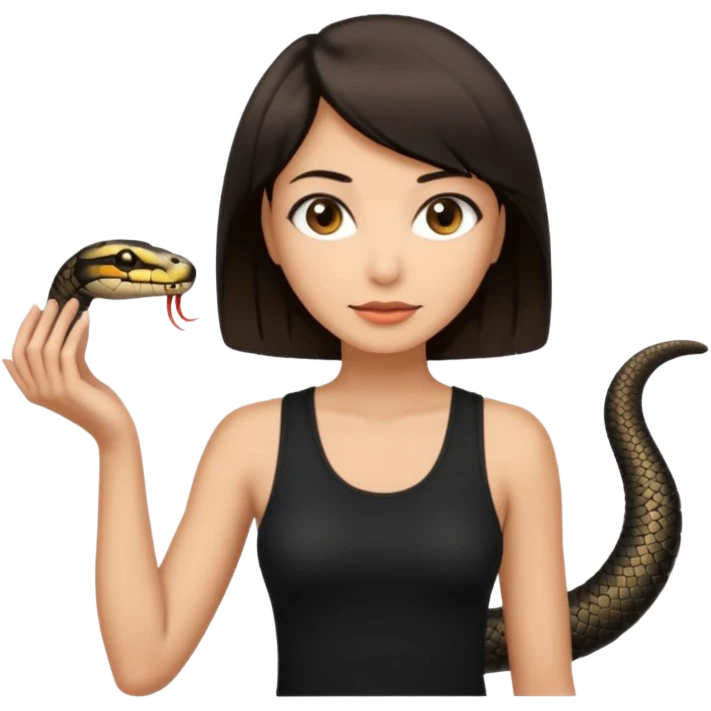 Femme brune yeux marron avec une coupe carré noir qui descend sur l'épaule , femme couleur de peau typé, avec un cobra a côté , débardeur noir emoji