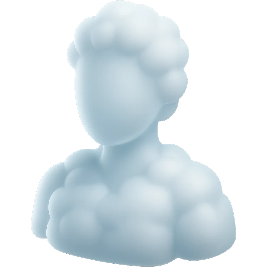 person from shoulders up, fully composed of white fluffy convex clouds, matte glass style emoji