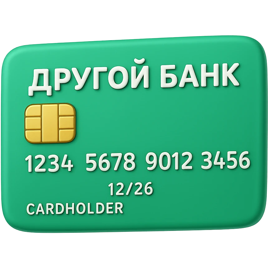 Используя слегка мультяшную, но при этом объемную стилистику cгенерируй кредитную карту на которой написано ДРУГОЙ БАНК, цвет карты зеленый, прозрачный фон emoji