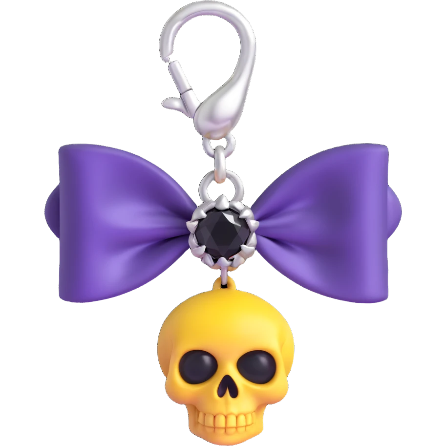 gothic bow, deep purple satin, silver skull charm, black gemstone center, luxurious and gothic emoji
