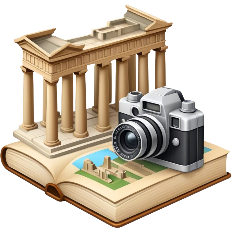 Icon for Historical and Cultural Tourism: iconic landmarks like ancient ruins, a museum, and a historical monument, with a travel guidebook and camera. The icon should capture the exploration of history and culture. Transparent background. emoji