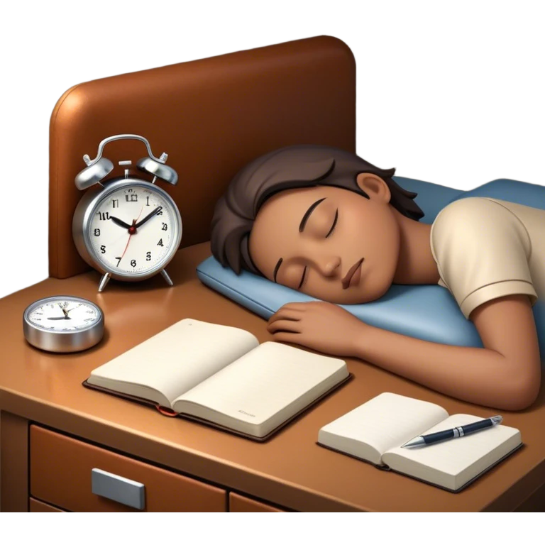 A dimly lit bedroom with a person sleeping. On a nightstand, there's  there’s a small alarm clock and a closed journal. In the background, a clean and tidy kitchen is visible, symbolizing a fresh start for the morning. preparation. emoji