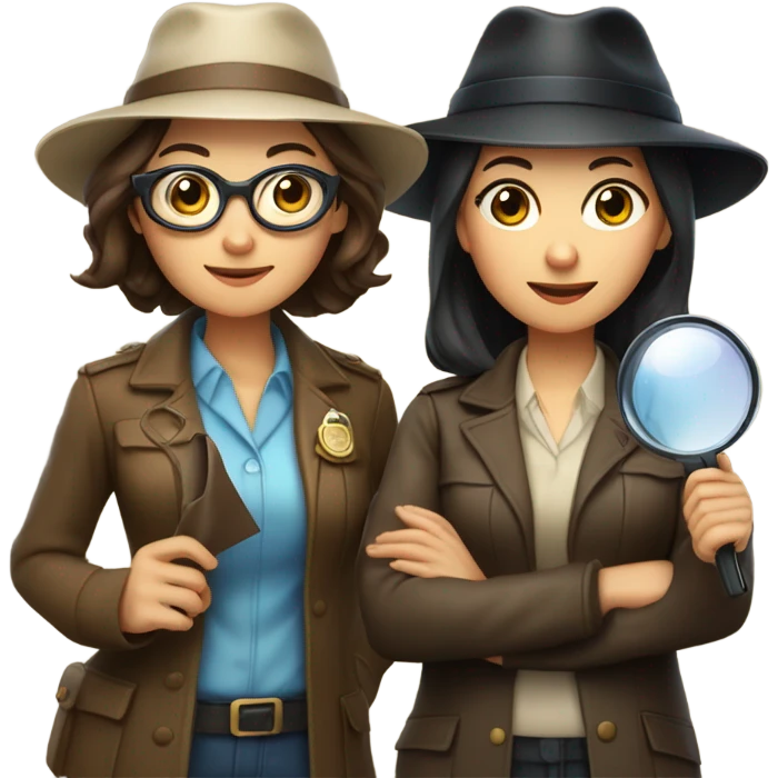 Two women detectives with hats and magnifying glasses, one with brown hair and one with black hair. One Asian one white emoji